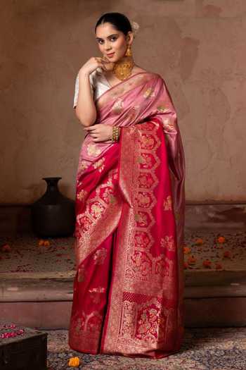 Zal From Benaras_Red Silk Banarasi Handloom Saree With Unstitched Blouse Fabric _Online_at_Aza_Fashions