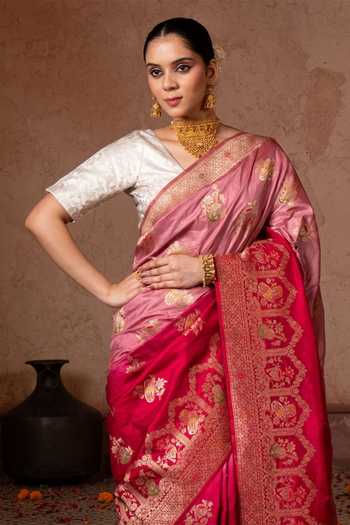 Buy_Zal From Benaras_Red Silk Banarasi Handloom Saree With Unstitched Blouse Fabric _Online_at_Aza_Fashions
