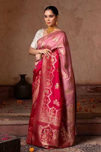 Shop_Zal From Benaras_Red Silk Banarasi Handloom Saree With Unstitched Blouse Fabric _Online_at_Aza_Fashions