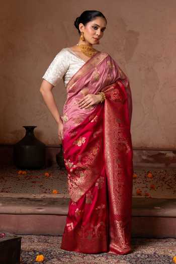 Zal From Benaras_Red Silk Banarasi Handloom Saree With Unstitched Blouse Fabric _at_Aza_Fashions