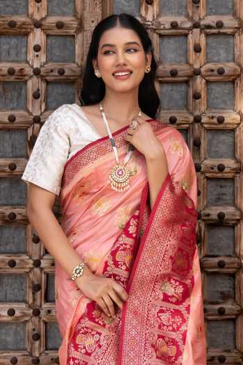 Zal From Benaras_Peach Silk Banarasi Handloom Saree With Unstitched Blouse Fabric _Online_at_Aza_Fashions