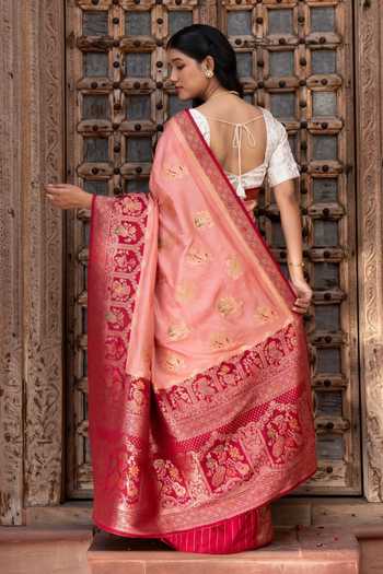 Shop_Zal From Benaras_Peach Silk Banarasi Handloom Saree With Unstitched Blouse Fabric _at_Aza_Fashions