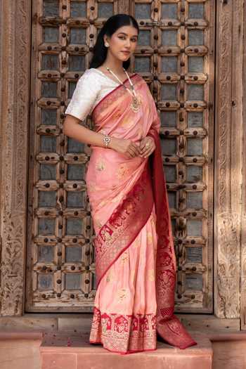 Buy_Zal From Benaras_Peach Silk Banarasi Handloom Saree With Unstitched Blouse Fabric _Online_at_Aza_Fashions