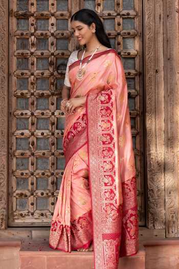 Shop_Zal From Benaras_Peach Silk Banarasi Handloom Saree With Unstitched Blouse Fabric _Online_at_Aza_Fashions