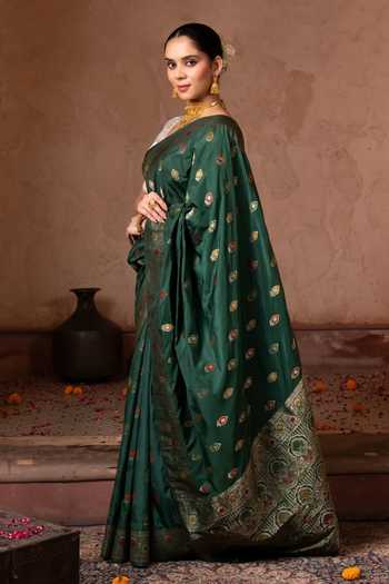 Zal From Benaras_Green Silk Banarasi Handloom Saree With Unstitched Blouse Fabric _Online_at_Aza_Fashions