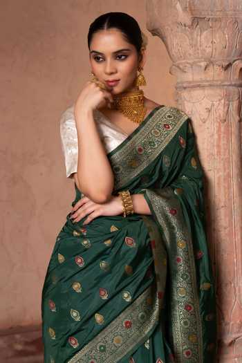 Buy_Zal From Benaras_Green Silk Banarasi Handloom Saree With Unstitched Blouse Fabric _Online_at_Aza_Fashions