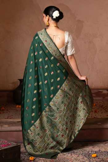 Shop_Zal From Benaras_Green Silk Banarasi Handloom Saree With Unstitched Blouse Fabric _at_Aza_Fashions
