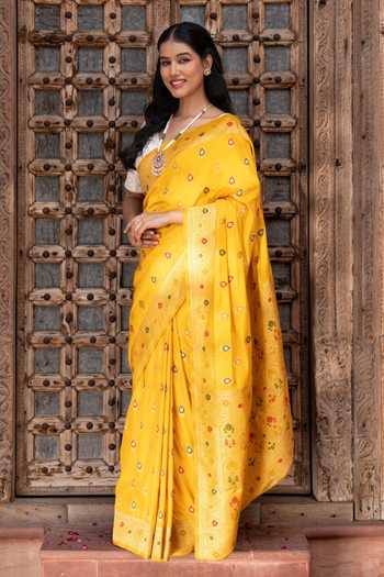 Zal From Benaras_Yellow Silk Banarasi Handloom Saree With Unstitched Blouse Fabric _Online_at_Aza_Fashions