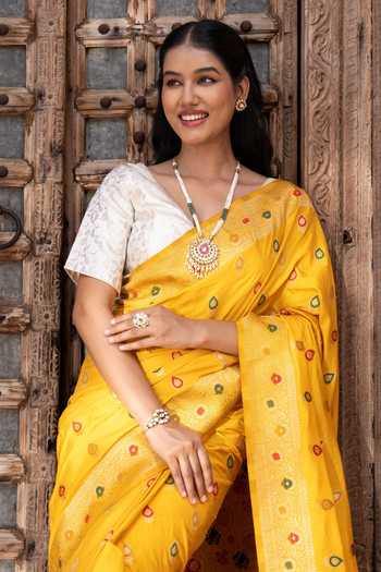 Buy_Zal From Benaras_Yellow Silk Banarasi Handloom Saree With Unstitched Blouse Fabric _Online_at_Aza_Fashions