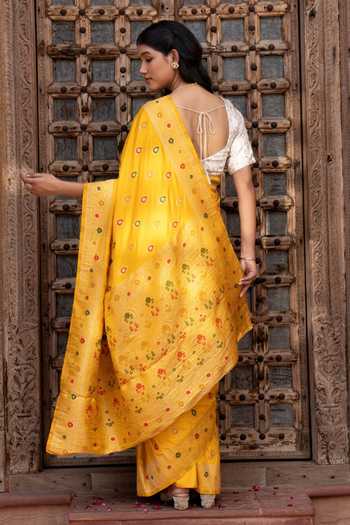 Shop_Zal From Benaras_Yellow Silk Banarasi Handloom Saree With Unstitched Blouse Fabric _at_Aza_Fashions