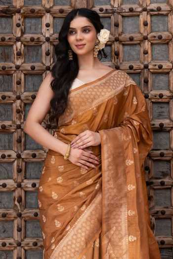 Zal From Benaras_Brown Silk Banarasi Handloom Saree With Unstitched Blouse Fabric _Online_at_Aza_Fashions