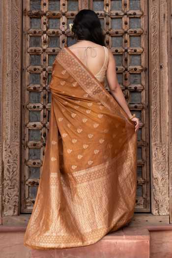 Shop_Zal From Benaras_Brown Silk Banarasi Handloom Saree With Unstitched Blouse Fabric _at_Aza_Fashions