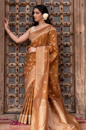 Buy_Zal From Benaras_Brown Silk Banarasi Handloom Saree With Unstitched Blouse Fabric _Online_at_Aza_Fashions