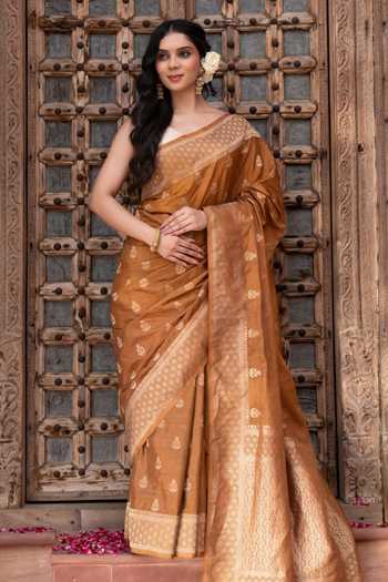 Buy_Zal From Benaras_Brown Silk Banarasi Handloom Saree With Unstitched Blouse Fabric _at_Aza_Fashions