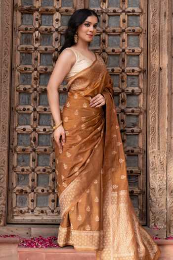 Zal From Benaras_Brown Silk Banarasi Handloom Saree With Unstitched Blouse Fabric _at_Aza_Fashions