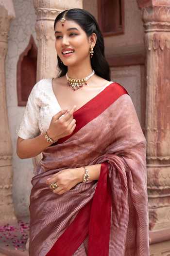 Zal From Benaras_Maroon Silk, Tissue Pure Saree With Unstitched Blouse Piece _Online_at_Aza_Fashions