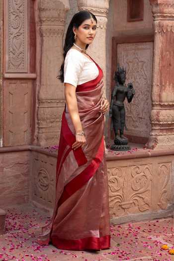 Buy_Zal From Benaras_Maroon Silk, Tissue Pure Saree With Unstitched Blouse Piece _Online_at_Aza_Fashions