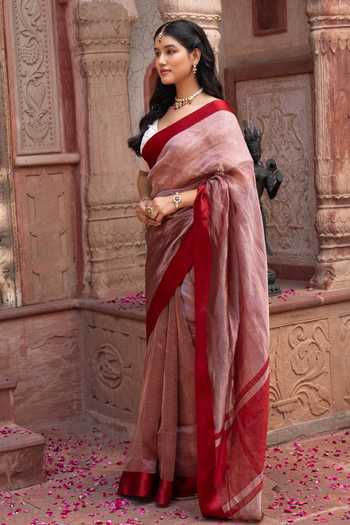 Shop_Zal From Benaras_Maroon Silk, Tissue Pure Saree With Unstitched Blouse Piece _Online_at_Aza_Fashions