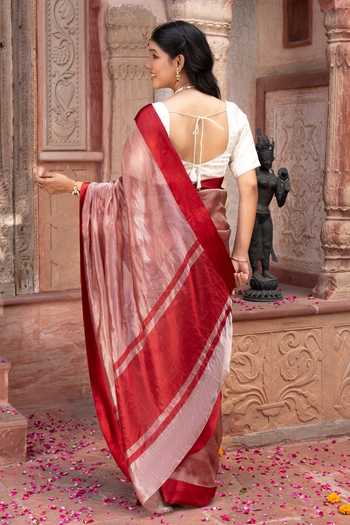 Shop_Zal From Benaras_Maroon Silk, Tissue Pure Saree With Unstitched Blouse Piece _at_Aza_Fashions