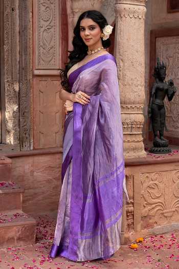 Zal From Benaras_Purple Silk, Tissue Banarasi Handloom Saree With Unstitched Blouse Fabric _at_Aza_Fashions