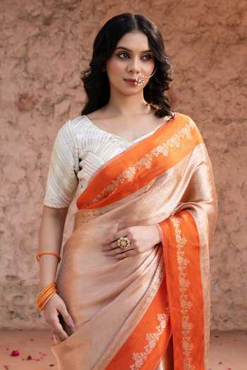 Zal From Benaras_Orange Silk, Tissue Banarasi Handloom Saree With Unstitched Blouse Fabric _Online_at_Aza_Fashions