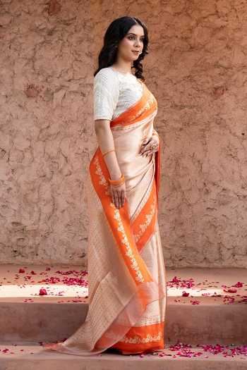 Buy_Zal From Benaras_Orange Silk, Tissue Banarasi Handloom Saree With Unstitched Blouse Fabric _Online_at_Aza_Fashions