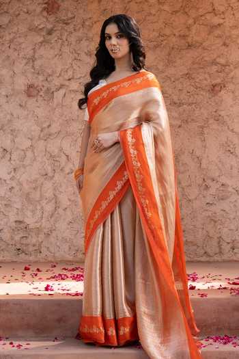 Shop_Zal From Benaras_Orange Silk, Tissue Banarasi Handloom Saree With Unstitched Blouse Fabric _Online_at_Aza_Fashions