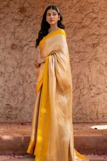 Shop_Zal From Benaras_Yellow Silk, Tissue Handloom Saree With Unstitched Blouse Fabric _at_Aza_Fashions