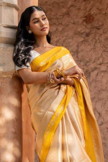 Zal From Benaras_Yellow Silk, Tissue Handloom Saree With Unstitched Blouse Fabric _Online_at_Aza_Fashions