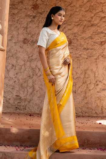 Buy_Zal From Benaras_Yellow Silk, Tissue Handloom Saree With Unstitched Blouse Fabric _Online_at_Aza_Fashions