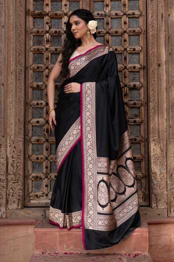 Zal From Benaras_Black Silk, Satin Handloom Saree With Unstitched Blouse Fabric _Online_at_Aza_Fashions