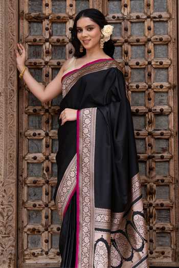 Buy_Zal From Benaras_Black Silk, Satin Handloom Saree With Unstitched Blouse Fabric _Online_at_Aza_Fashions