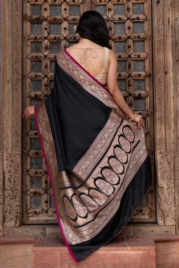 Shop_Zal From Benaras_Black Silk, Satin Handloom Saree With Unstitched Blouse Fabric _at_Aza_Fashions