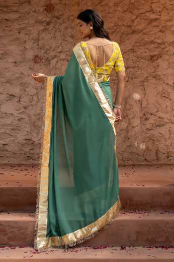 Shop_Zal From Benaras_Green Georgette Gota Border Saree With Unstitched Blouse Fabric _at_Aza_Fashions