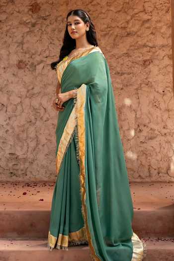 Zal From Benaras_Green Georgette Gota Border Saree With Unstitched Blouse Fabric _Online_at_Aza_Fashions
