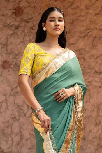 Buy_Zal From Benaras_Green Georgette Gota Border Saree With Unstitched Blouse Fabric _Online_at_Aza_Fashions