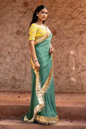 Shop_Zal From Benaras_Green Georgette Gota Border Saree With Unstitched Blouse Fabric _Online_at_Aza_Fashions