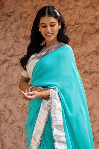 Zal From Benaras_Sky Blue Georgette Gota Border Saree With Unstitched Blouse Fabric _Online_at_Aza_Fashions