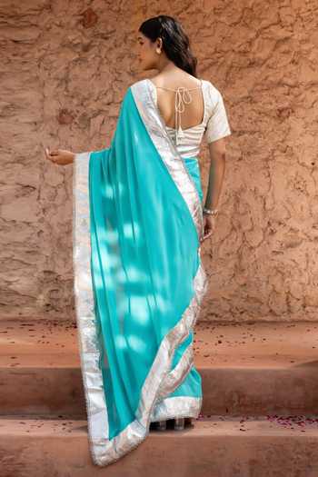 Shop_Zal From Benaras_Sky Blue Georgette Gota Border Saree With Unstitched Blouse Fabric _at_Aza_Fashions