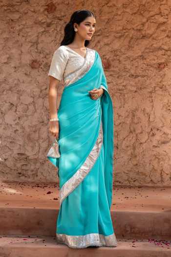 Buy_Zal From Benaras_Sky Blue Georgette Gota Border Saree With Unstitched Blouse Fabric _Online_at_Aza_Fashions