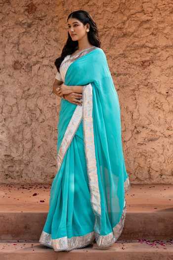 Shop_Zal From Benaras_Sky Blue Georgette Gota Border Saree With Unstitched Blouse Fabric _Online_at_Aza_Fashions