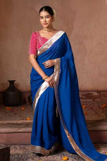 Buy_Zal From Benaras_Blue Georgette Gota Border Saree With Unstitched Blouse Fabric _at_Aza_Fashions