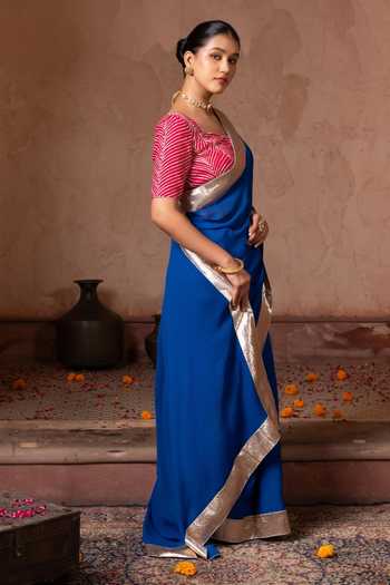 Zal From Benaras_Blue Georgette Gota Border Saree With Unstitched Blouse Fabric _Online_at_Aza_Fashions