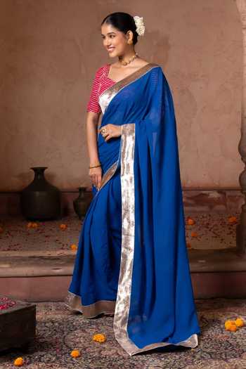 Buy_Zal From Benaras_Blue Georgette Gota Border Saree With Unstitched Blouse Fabric _Online_at_Aza_Fashions