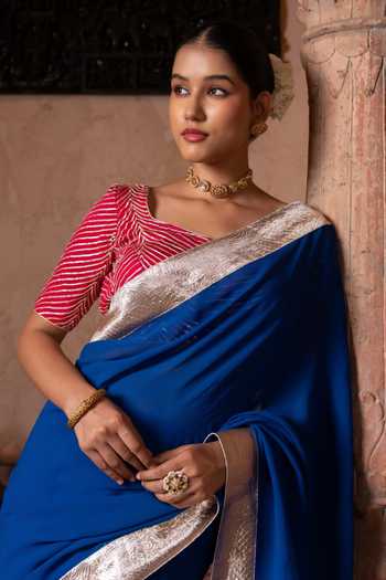 Shop_Zal From Benaras_Blue Georgette Gota Border Saree With Unstitched Blouse Fabric _Online_at_Aza_Fashions