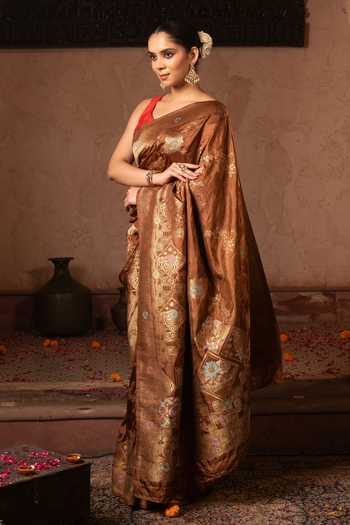 Zal From Benaras_Brown Silk Handloom Saree With Unstitched Blouse Fabric _Online_at_Aza_Fashions