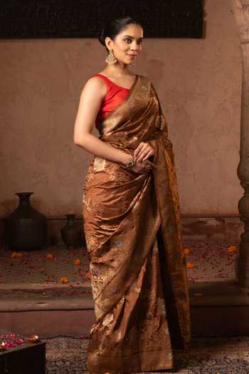 Buy_Zal From Benaras_Brown Silk Handloom Saree With Unstitched Blouse Fabric _Online_at_Aza_Fashions