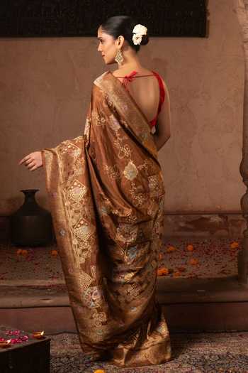 Shop_Zal From Benaras_Brown Silk Handloom Saree With Unstitched Blouse Fabric _at_Aza_Fashions