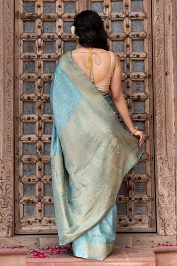 Shop_Zal From Benaras_Blue Silk Handloom Saree With Unstitched Blouse Fabric _at_Aza_Fashions
