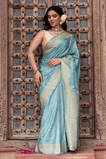 Buy_Zal From Benaras_Blue Silk Handloom Saree With Unstitched Blouse Fabric _at_Aza_Fashions